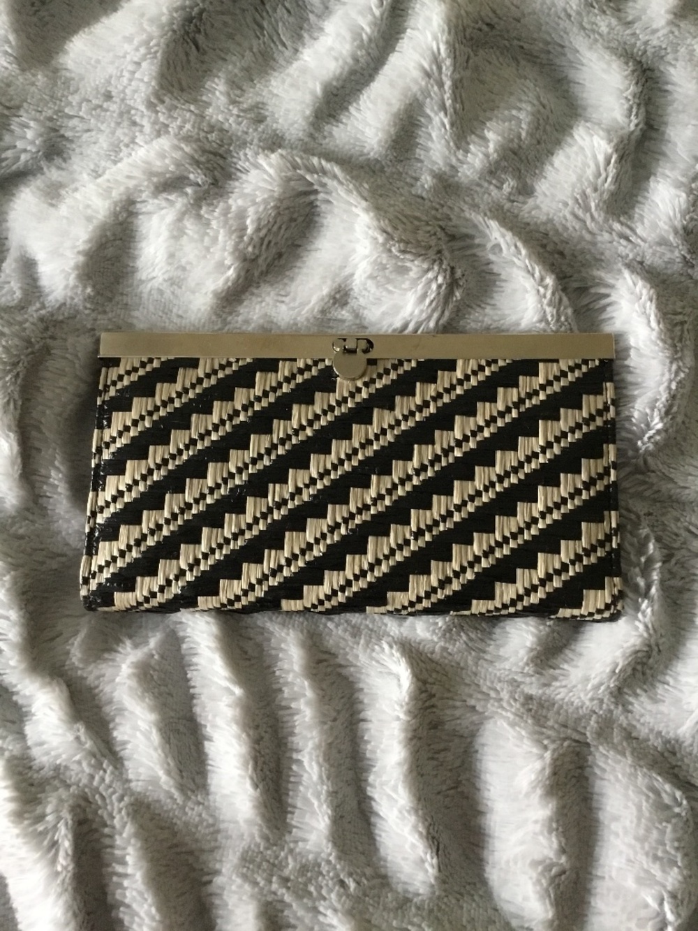Black and White Woven Straw Clutch Wallet Silver Clasp